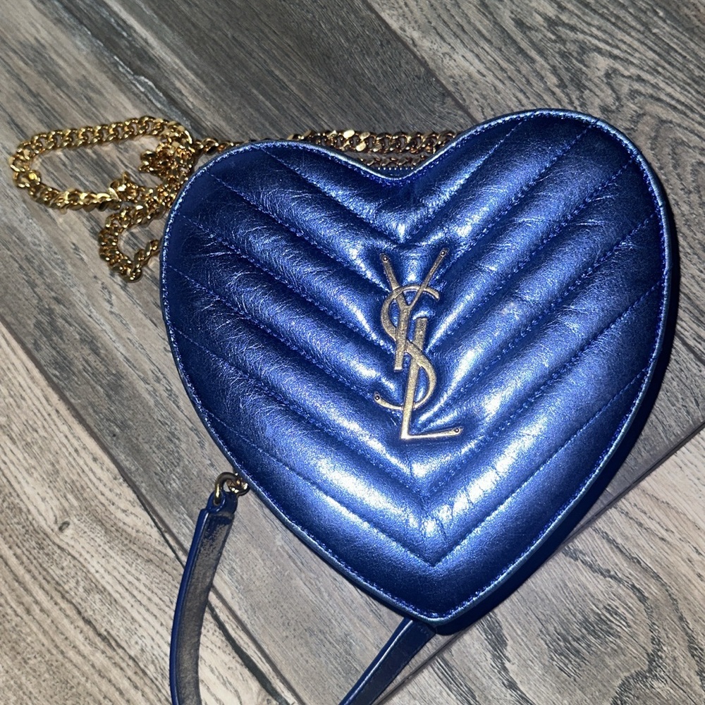 Yves Saint Laurent Blue and Gold Crossbody Bag with Chevron Quilting